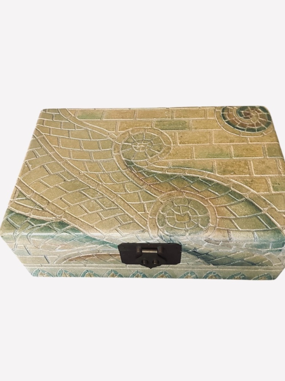 rectangular decorative box, likely a vintage jewelry or keepsake chest. Brass